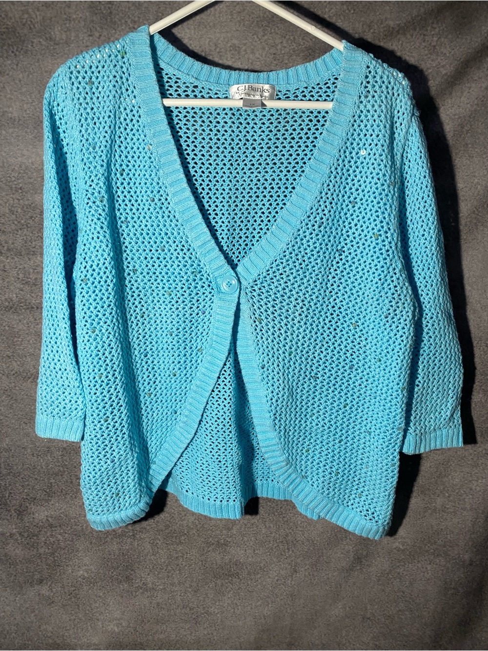 CJ Banks Cardigan Sweater Womens 1X Blue Open Knit Cotton Ramie Sequins Preppy